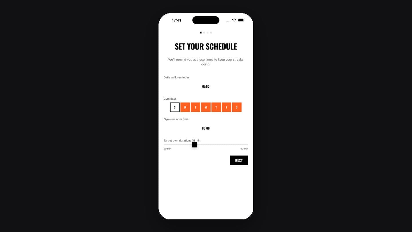 Coach's onboarding: schedule, gym days and target duration, set once