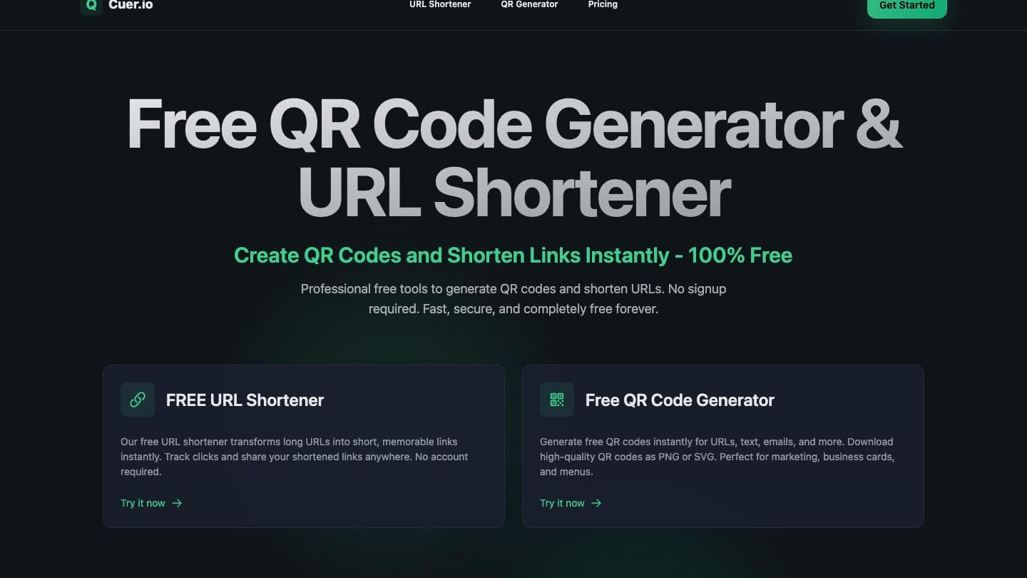 The cuer.io homepage: a free QR generator and URL shortener, no signup