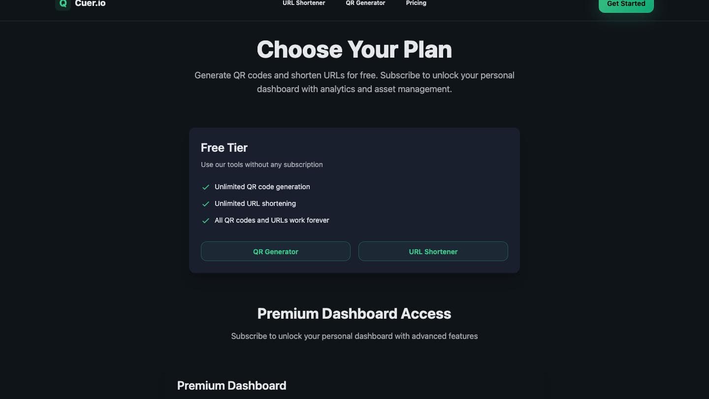 Cuer pricing: a free tier and the $7 per month Premium Dashboard