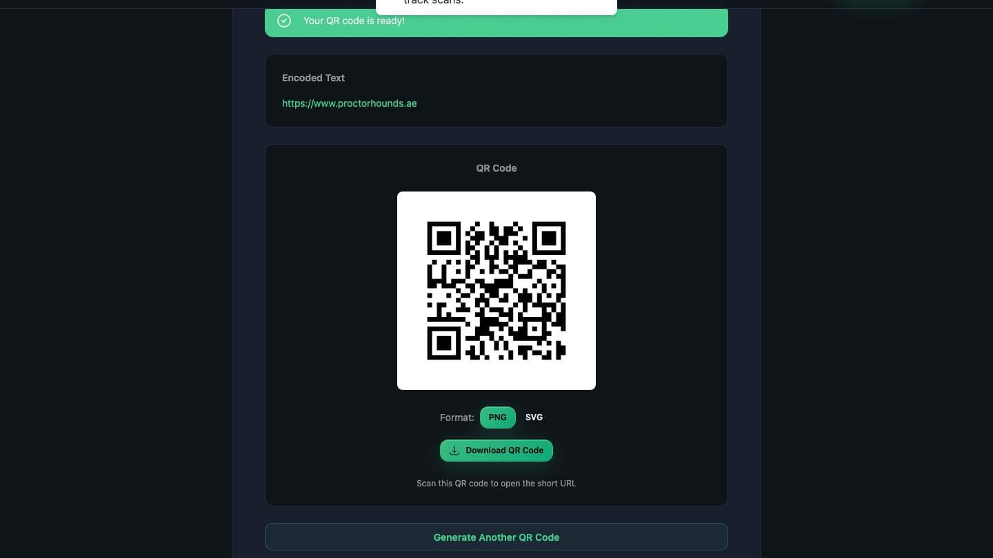 A generated QR code on cuer.io with PNG and SVG download options