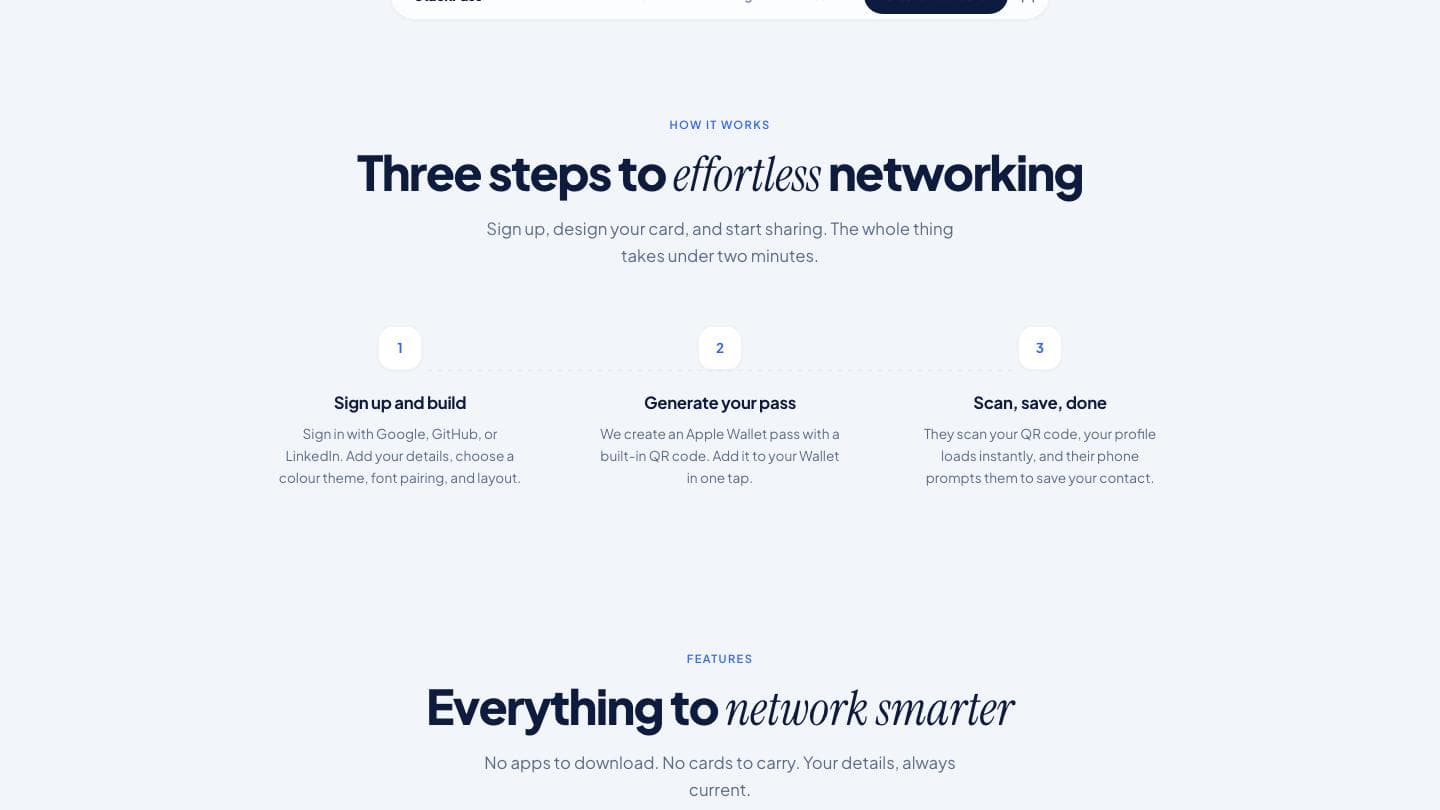 The three-step flow on stackpass.co: sign up, generate the pass, scan and save