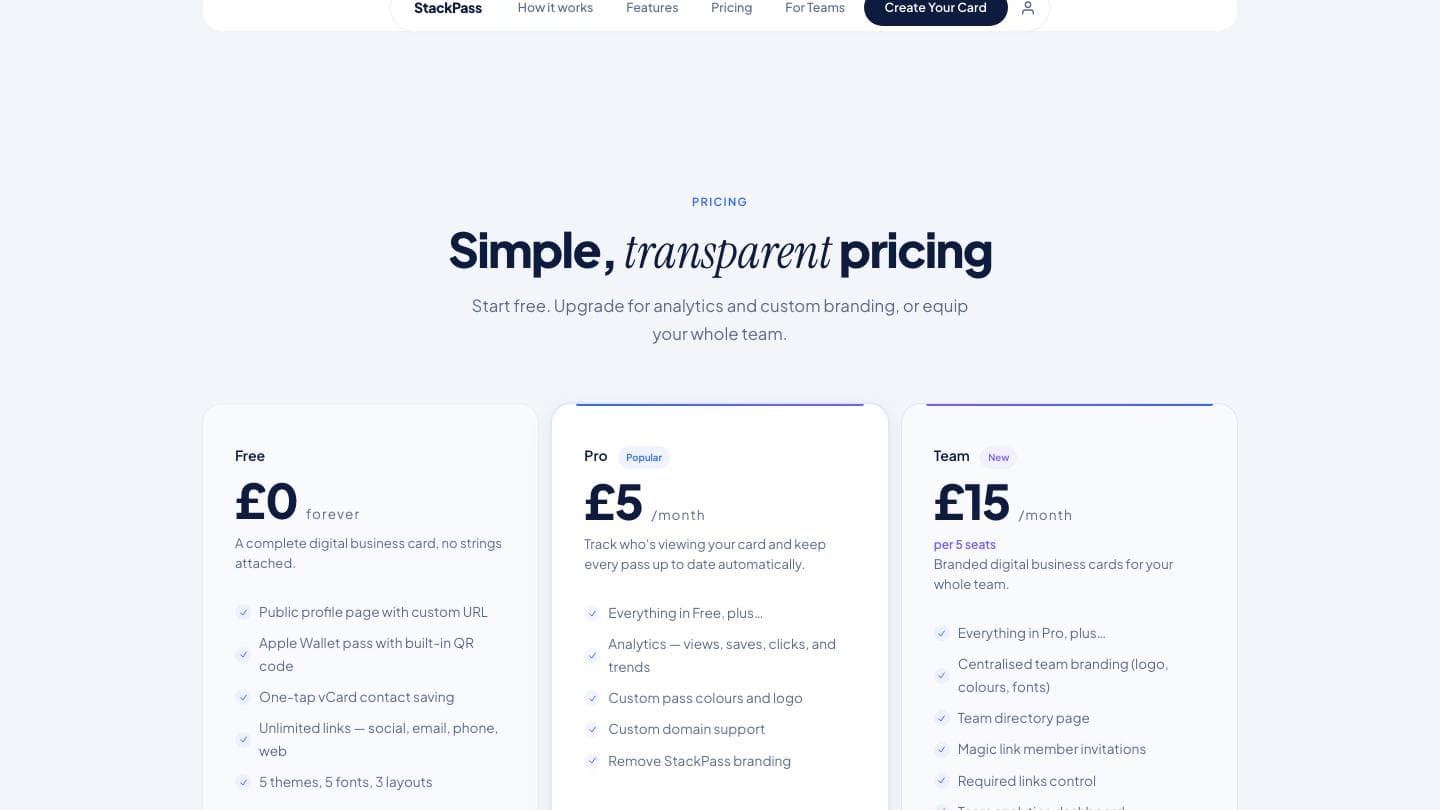StackPass pricing: free forever, Pro at £5 a month, Team at £15 per five seats