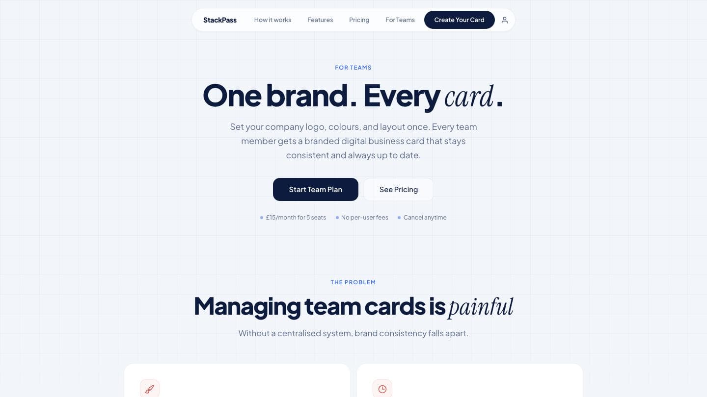 The StackPass for Teams page: one brand, every card
